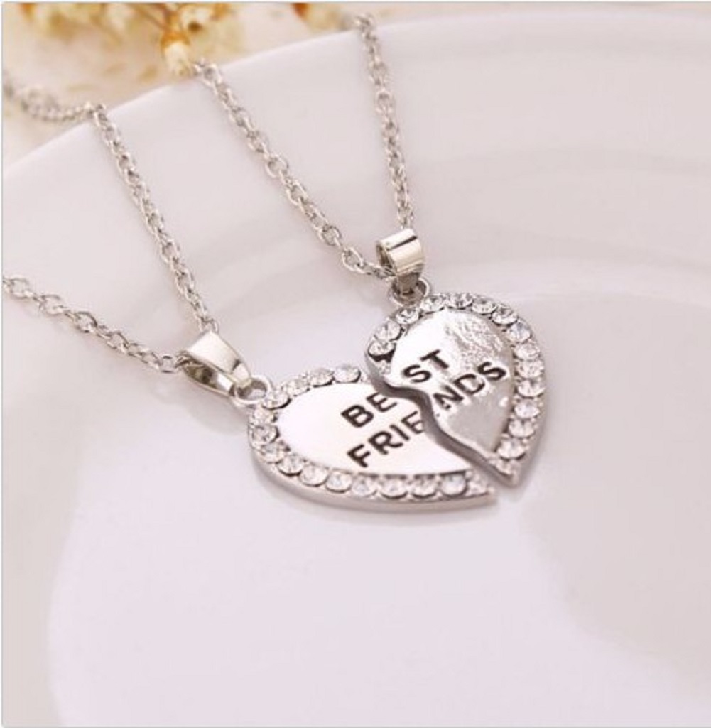 Vrouwen Meisje Mode Ketting Beste Vrienden Bff Vriendschap Hart Strass Hangers Charm Ketting Sieraden: Zilver