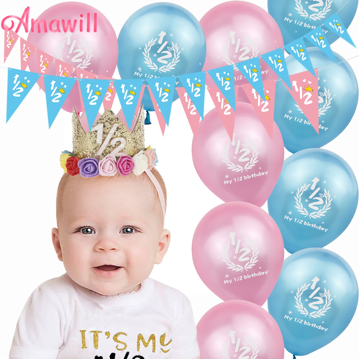 Amawill Half Birthday Party It's My 1/2 Birthday Banner Pink Blue Latex Balloons 6 Months Baby Shower Girl Boy Decorations 7D