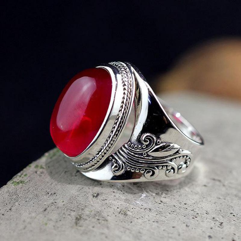 925 Sterling Silver Jewelry Vintage RIngs For Women Thai Silver Exaggerated Large Ruby Rings Natural Red Corundum Gemestone