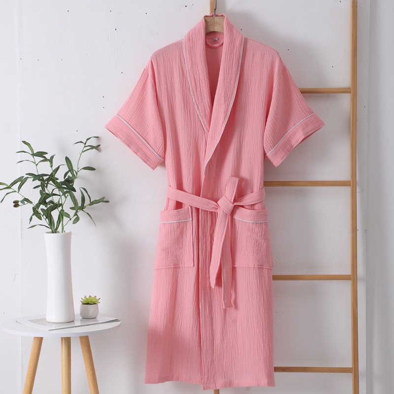 Albornoz de algodón fino para hombre y mujer, camisón de manga corta de gasa de doble capa, absorbente y de secado rápido, para verano: L / Rosa