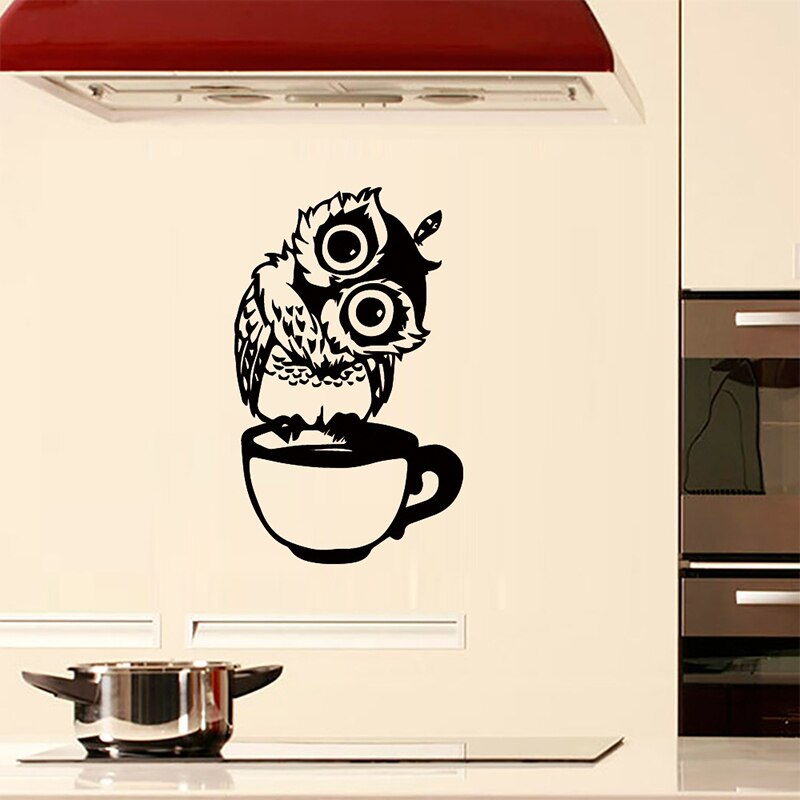43*28cm tegneserieugle på krus vægklistermærker kaffe dekorativt mærkat til køkken spisestue vinyl klistermærker kaffebar hjemindretning