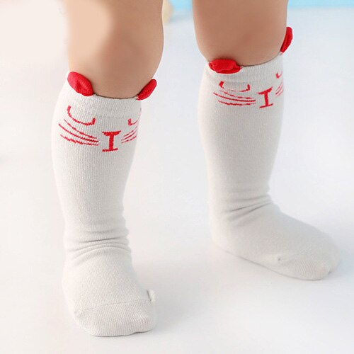 Calcetines para bebé con estampado de zorro y gato , nuevos calcetines largos hasta la rodilla de dibujos animados para bebé, calcetines de para niños y niñas Socks0-4: Red cat / 0-2T