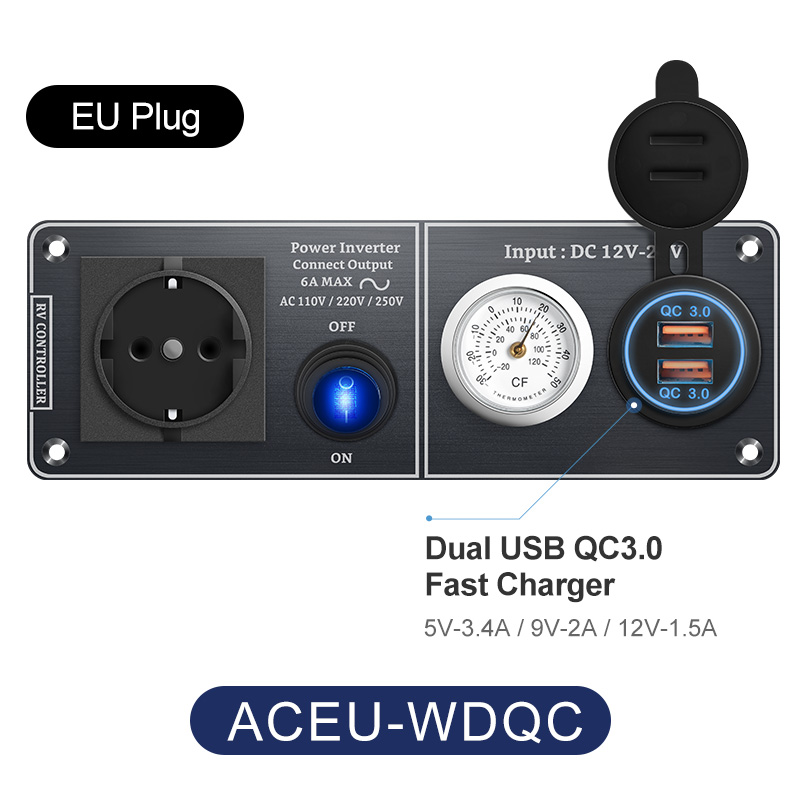 Autoladegerät Multifunktions-Aluminium-Panel-Thermometer AC110V 220V Dual Port USB QC3.0 12V 24V für Wohnmobil-Yacht-Reiseanhänger: Rot