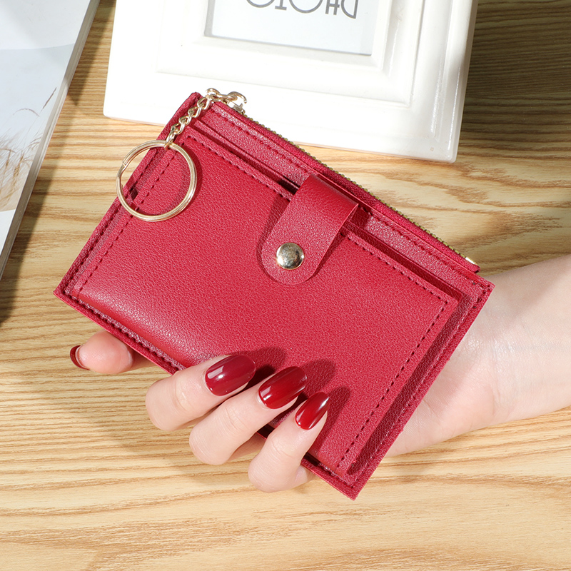 Trendy Ultra-thin Coin Purse Multi-functional Card Case Portable Travel Zipper Card Case: Burgundy
