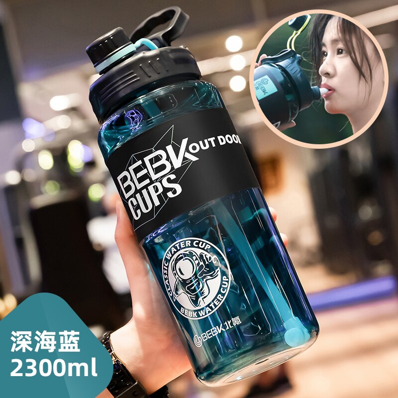 Sturdy Sports Water Bottle with Straw BPA FREE Waterbottle 2L 3L Larger Water Bottl Fitness Portable Drink Bottles Travel Kettle: Blue 2300ml