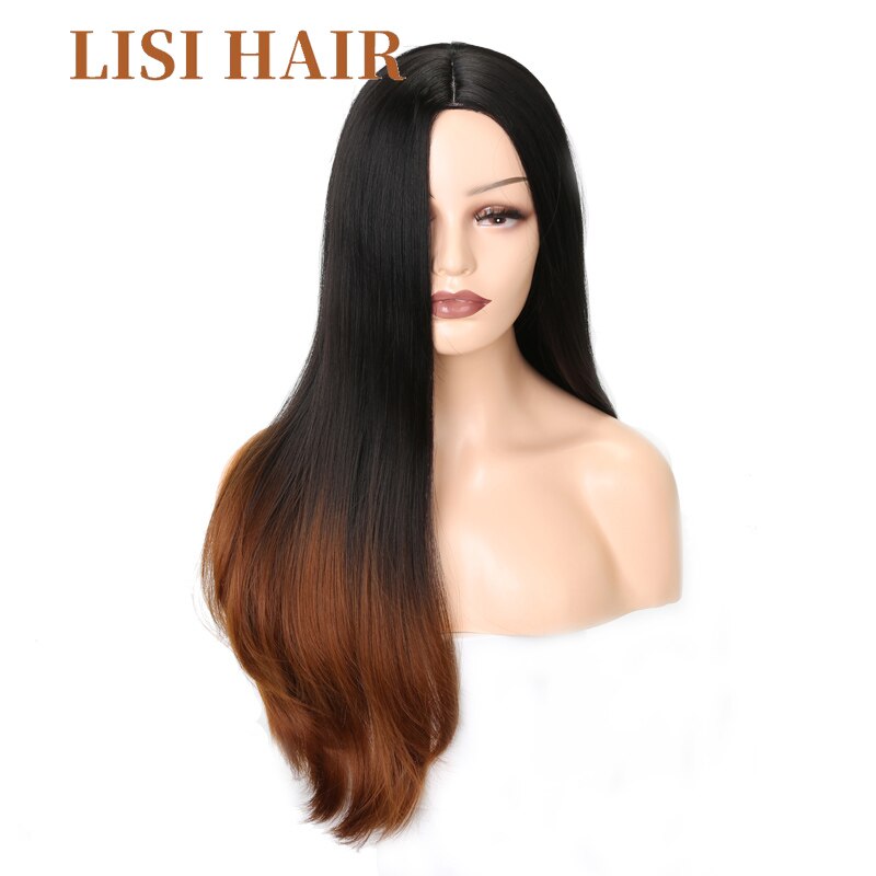 LISI Pelo Largo liso negro degradado marrón gris pelucas púrpuras para mujeres tamaño medio pelo sintético fibra de alta temperatura: Marrón