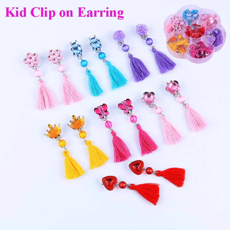 Style 7pairs/Set Cute Acrylic Tassel Clip on Earrings for Children's Girls Kids Party Lovely No Hole Ear Clip Jewelry