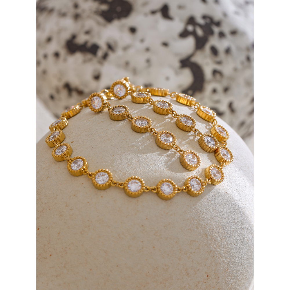 Yhpup delicate roestvrijstalen glanzende ronde ketting armband met zirkonia steentjes, armband oorbellen, temperamentvolle sieraden