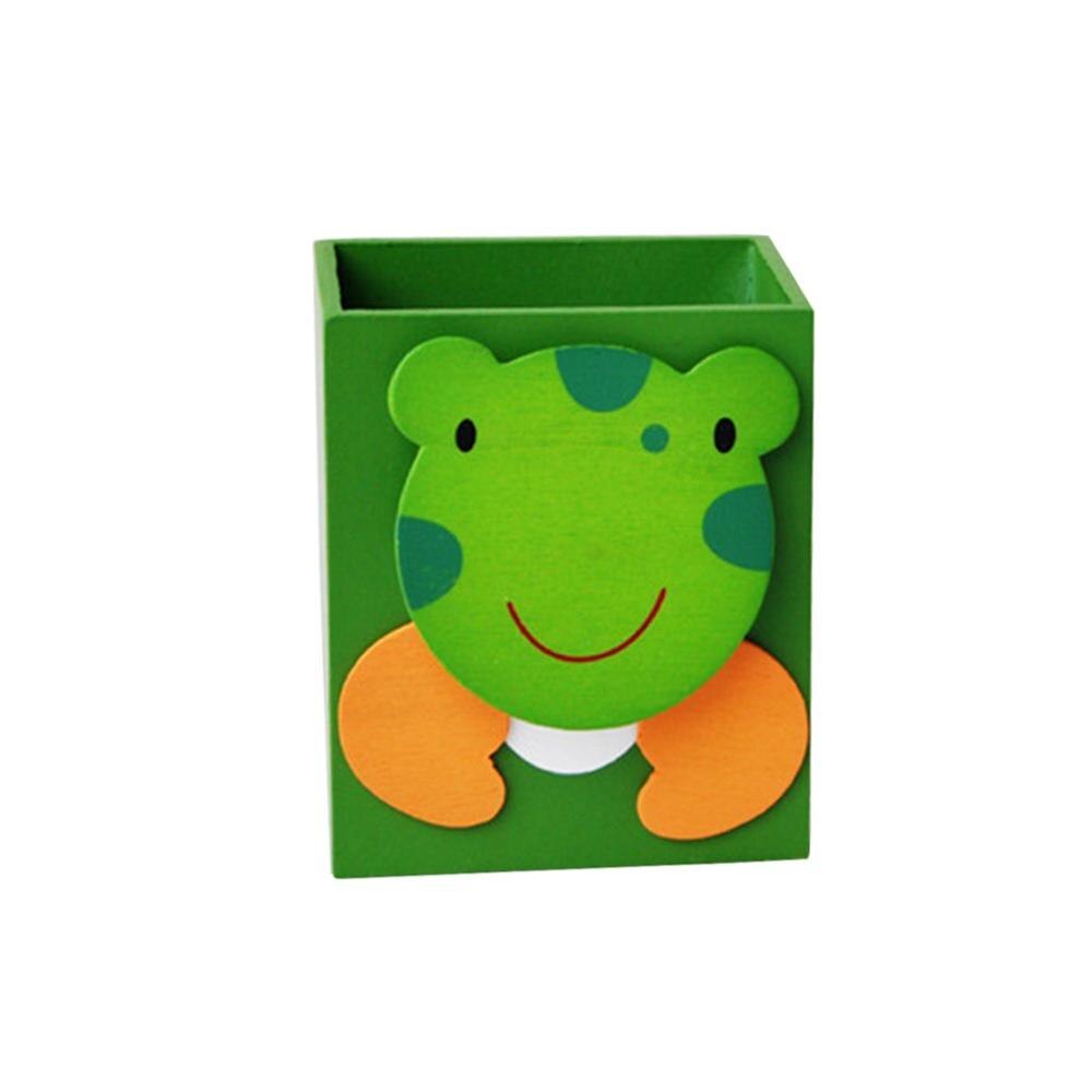 Wooden Pencil Holder Cartoon Pen Organizer Container Desktop Cute Stationery Desk Decoration For School Office Kids Children: Green-Frog