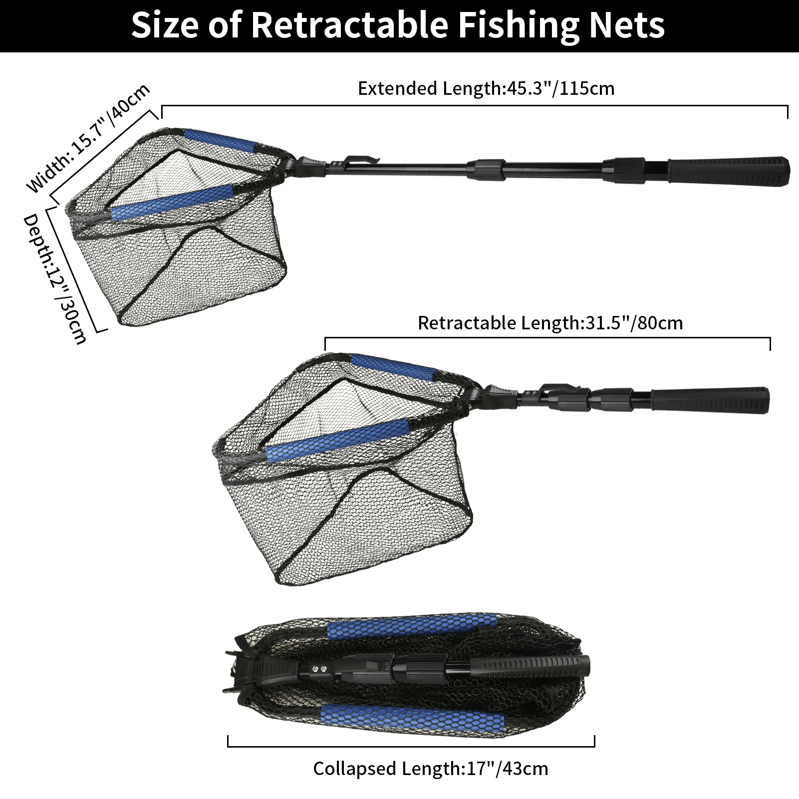 Fishing Landing Net Aluminum Alloy Durable Telescoping Extend to 190cm/130cm/55cm Folding Mesh Safe Fish Catching Releasing: Navy Blue
