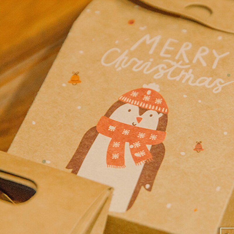 1Pcs Christmas cartoon kraft paper box retro kraft paper cartoon tote bag candy biscuit apple packaging tote bag