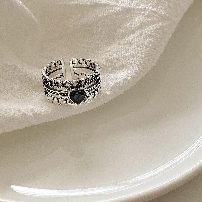 Huanzhi zwarte druppelglazuur hartvormige meerlaagse open verstelbare zilveren metalen ringen voor dames en meisjes feestsieraden: 3