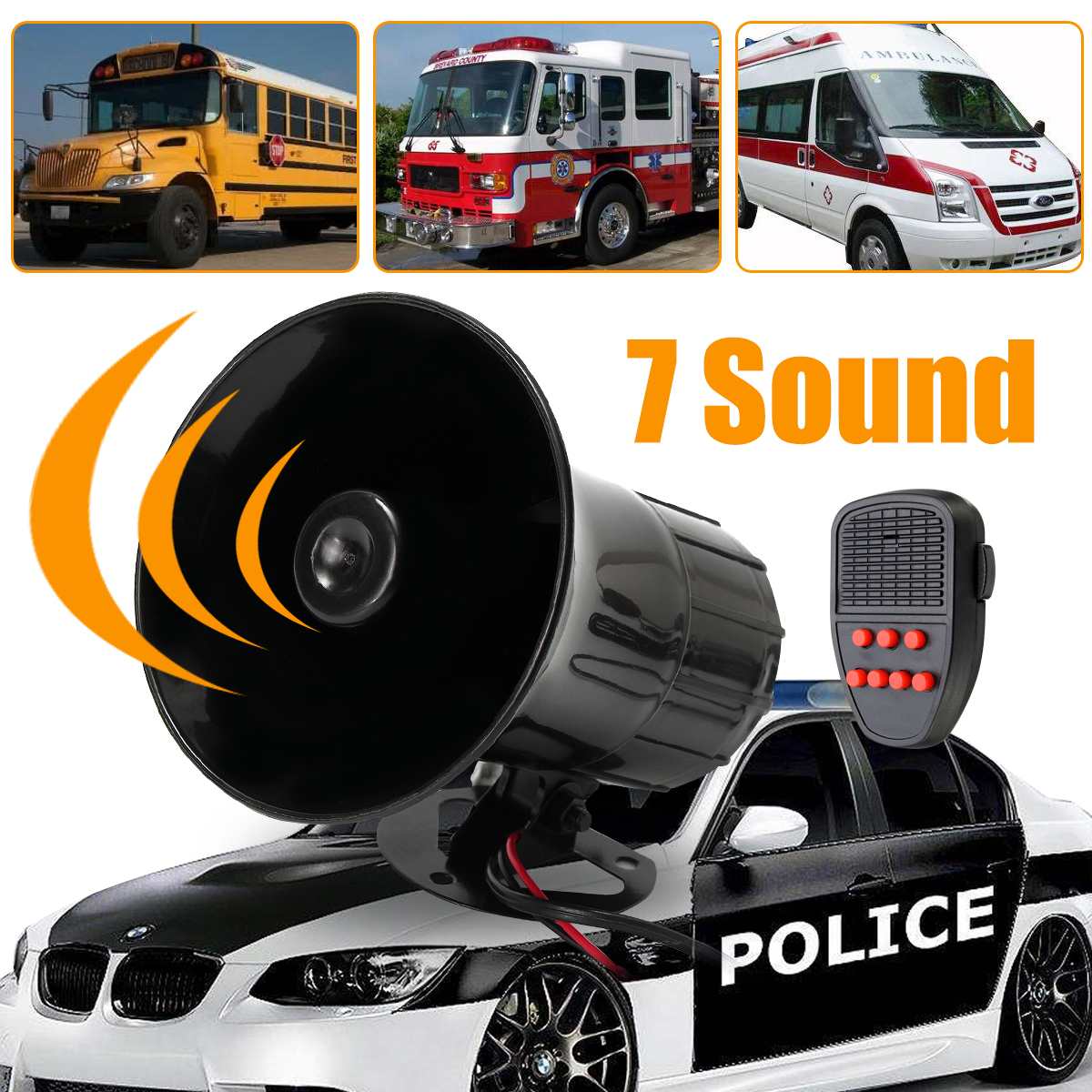 Car 7 Tone Loud Horn Speaker Motorcycle Megaphone Traditional Hooter Ringing Alarm Wailing Ambulance Blaring Siren