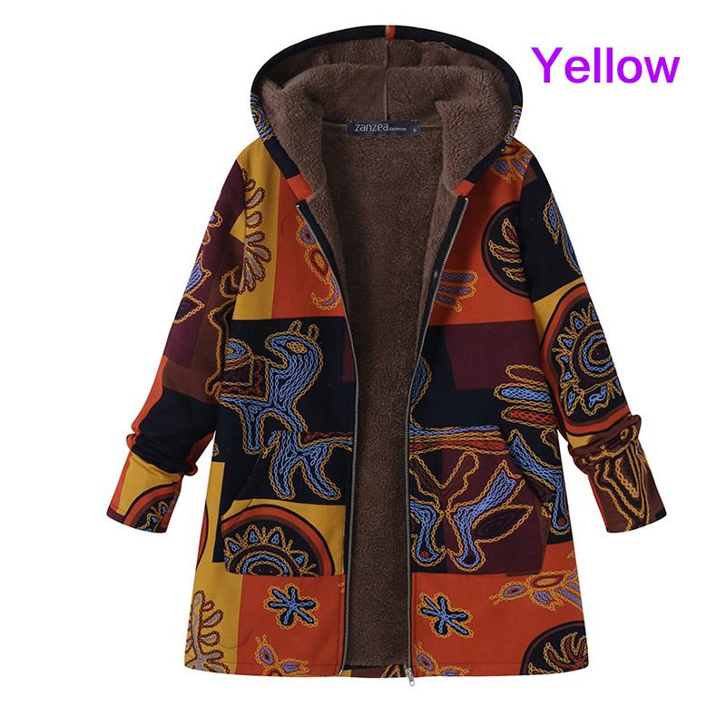 ZANZEA Parkas Autumn Long Sleeve Basic Outerwear Women Retro Hooded Ethnic Printed Faux Fluffy Thin Coat Plus Size Jackets: Yellow / 4XL