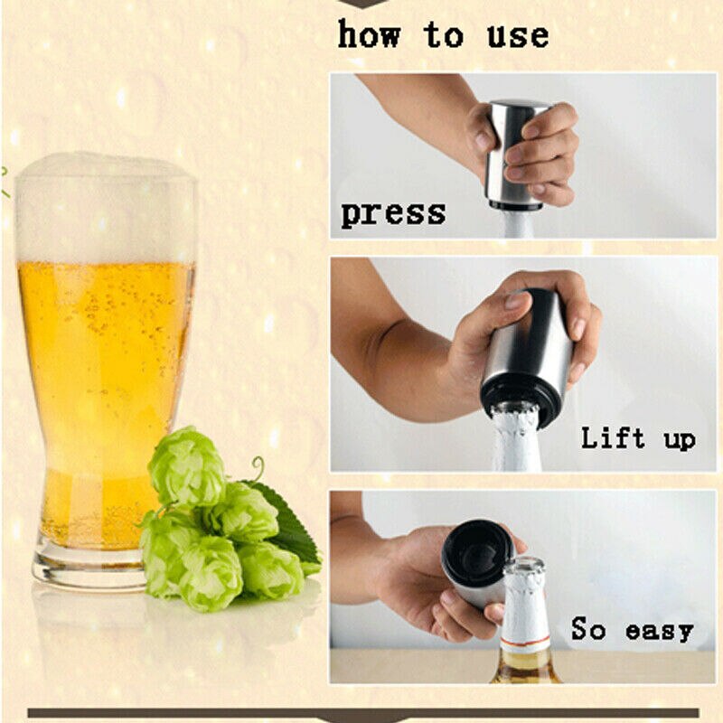 Automatisk ølåpner i rustfritt stål til fest bar flaskelokk vin sølv håndholdt øl brus verktøy drikkespill flaskeåpner
