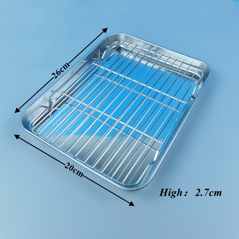 Stainless Steel Rectangle Plate with Net Rack Restaurant Fish BBQ Fried Chicken Cooling Serving Plate Skewers Seafood Tableware: Silver-26cm