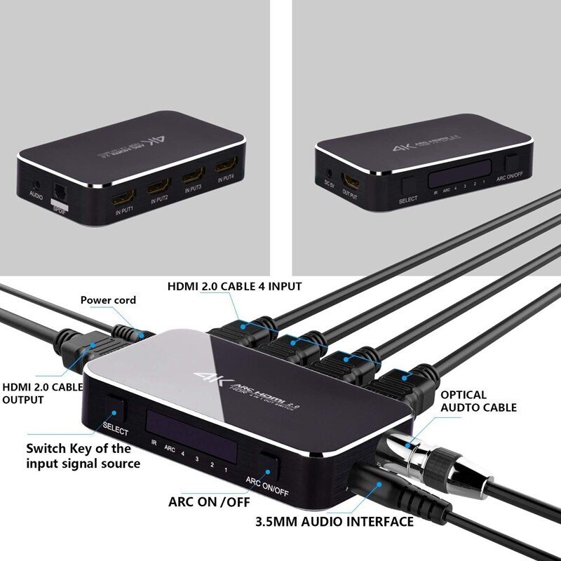 Interruptor HDMI 2,0 4K HDR 4 en 1 HDMI Switch con o Extractor 3,5 Jack Cable de fibra óptica de arco divisor para HDTV PS4 (UE Plu