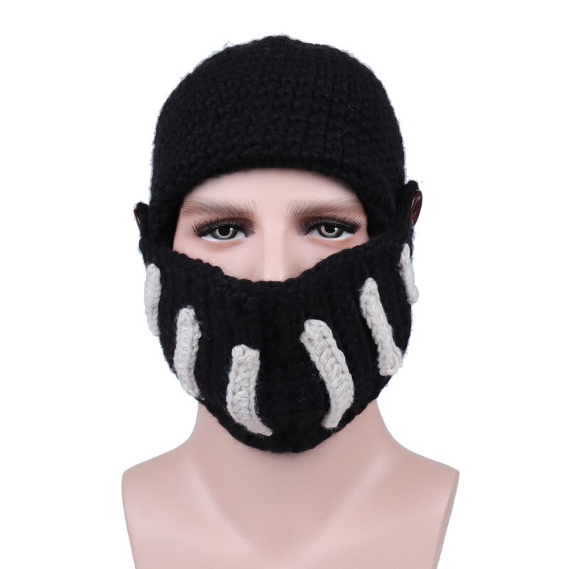 Wuaumx-gorro romano de invierno para hombre, gorro con máscara cálida, de punto, hecho a mano, máscara de Gladiador, czapka zimow: Black