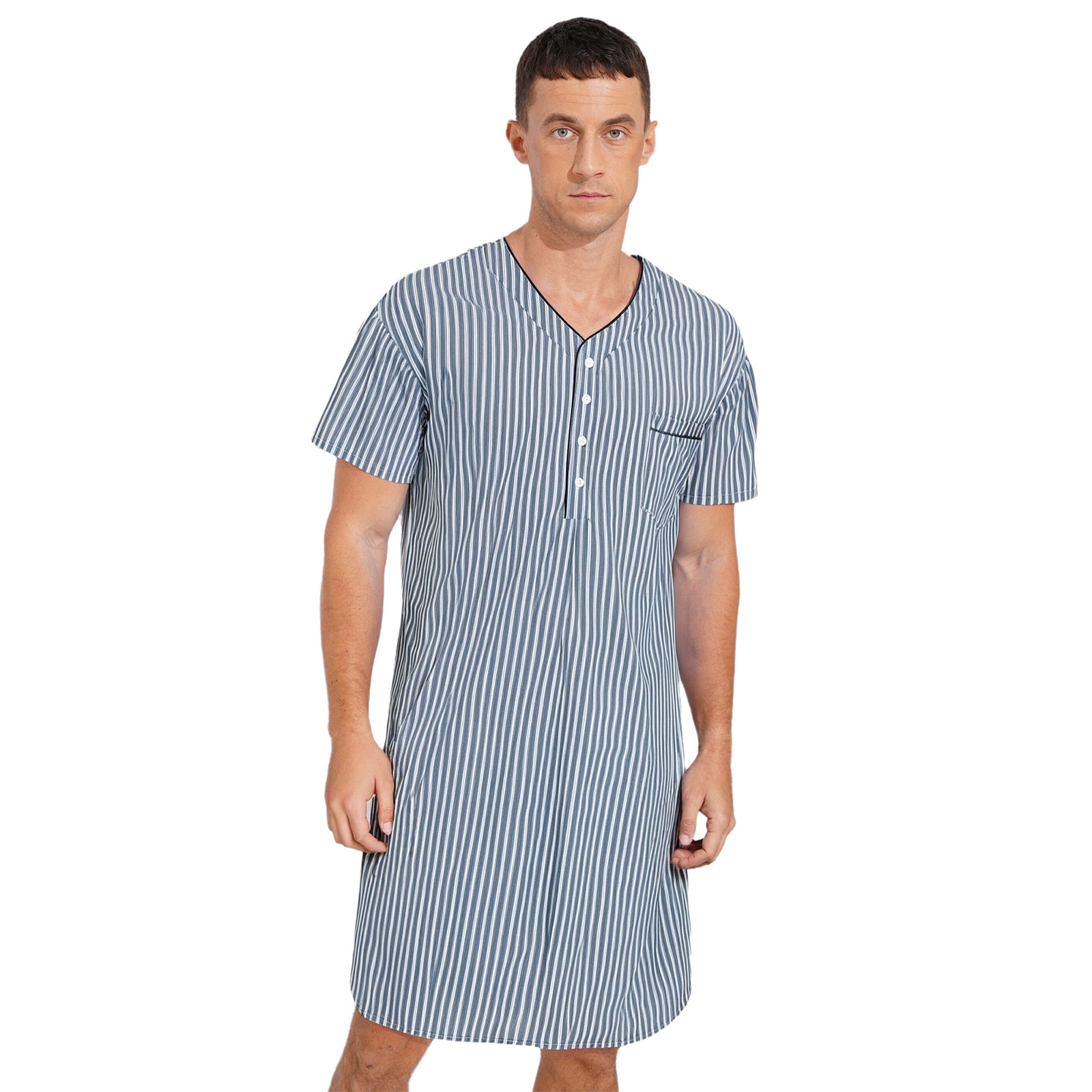 Mens Kaftan Jubba Thobe Muslim Striped Sleep Dress Pajamas Loungewear Sissy Nightwear Buttoned V Neck Split Hem Pullover Robe