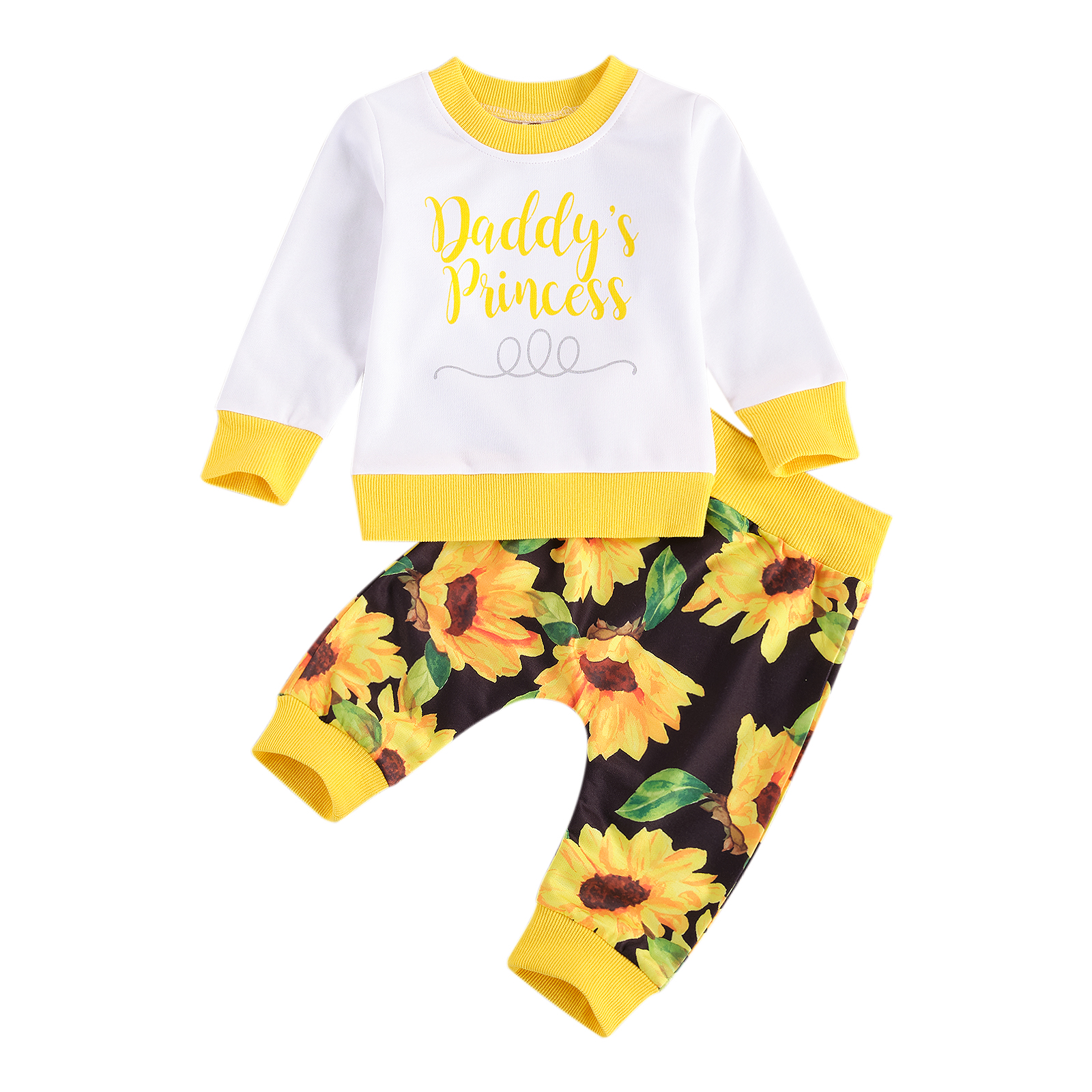 Meisje Tweedelige Set, Kinderen Kleuraanpassing Draad Gezoomd Shirt Crew Neck Top Zonnebloem Print Broek: 2 / 12m