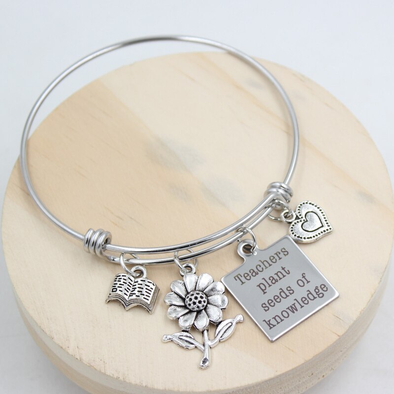 1PC gioielli in acciaio inossidabile filo regolabile braccialetto cuore fiore libro insegnanti braccialetti con ciondoli per insegnanti regali Bijoux Pulsera