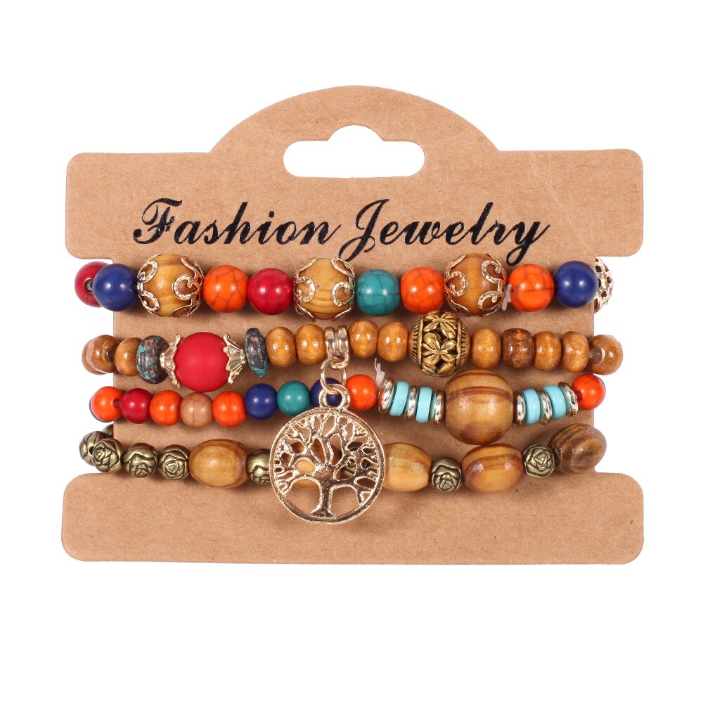 Conjunto de pulsera de cuentas bohemias hechas a mano para mujer, brazalete de cadena con cuentas coloridas de verano, accesorios de joyería Bohemia para niñas: Chapado en rodio