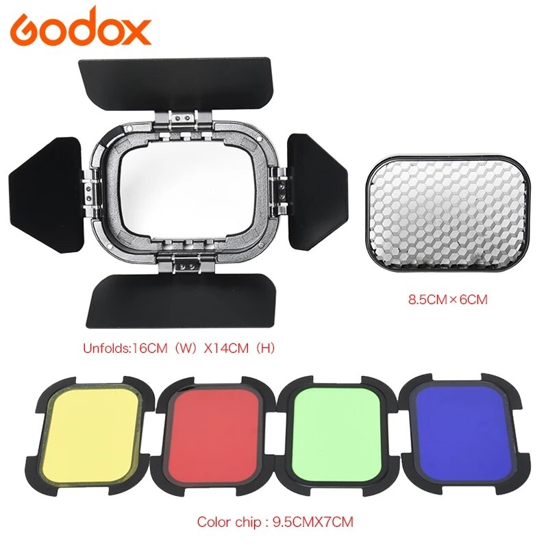 In Voorraad! Godox BD-07 Schuur Deur met Afneembare Honeycomb Grid en 4 Kleur Gel Filters voor Godox AD200 Pocket Speedlite