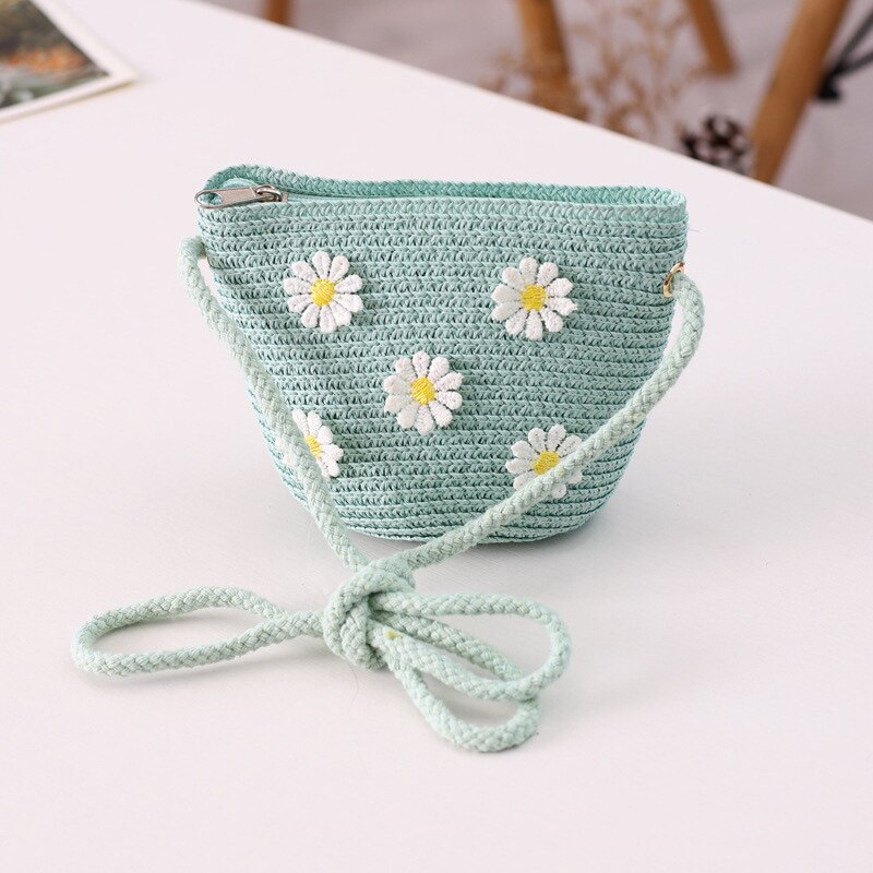Zomer Meisje Strooien Hoed Tas Set Zon Cap Outdoor Kids Ademend Strand Hoeden Chrysant Zoete Prinses Seaside Panama Hoed: green bag