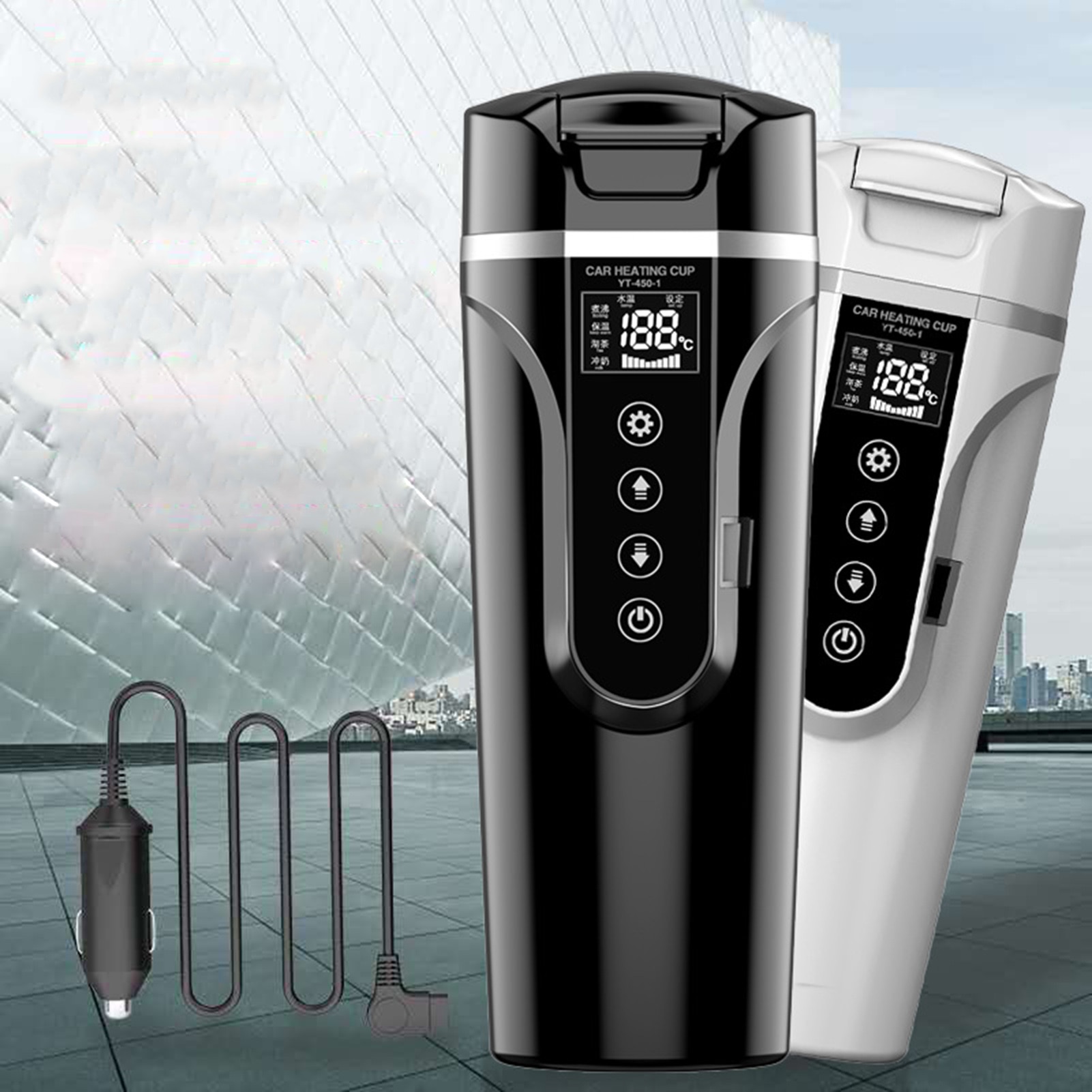 Taza térmica portátil con tapa para viaje de coche, accesorios de Interior de coche para de viaje, 12/24V