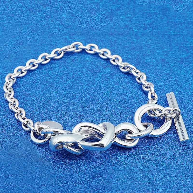 925 Sterling Silver Bracelet Knotted Heart Heart-embellished T-clasp Link Bracelet Bangle Fit Bead Charm Fine Jewelry