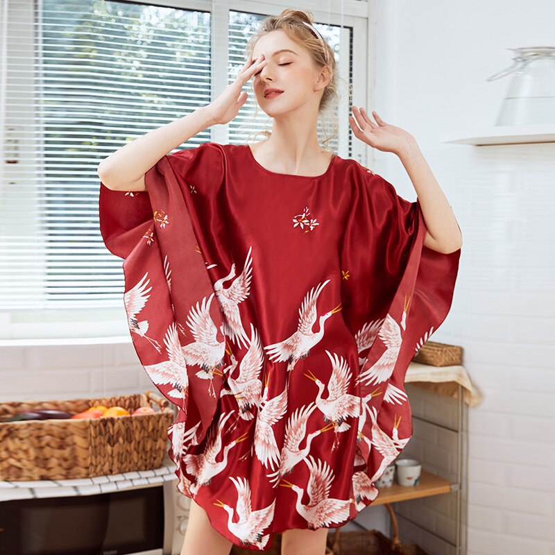 Bat Sleeve Oversized Nightdress Women Comfortable Smooth Satin Sleepwear Printed Casual Loose One Size Nightwear: Red