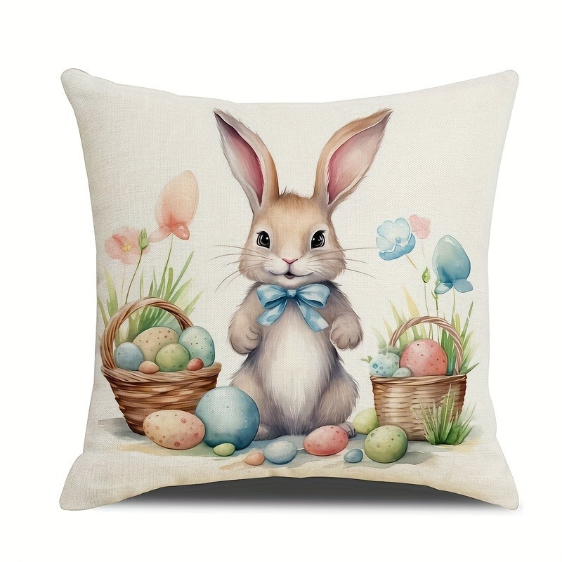 Happy Easter Pillow cover Home Party Celebration Decoration Cute Rabbit Flower and Egg Pattern Sofa Cushion Cover: See below for size descriptions / Blue