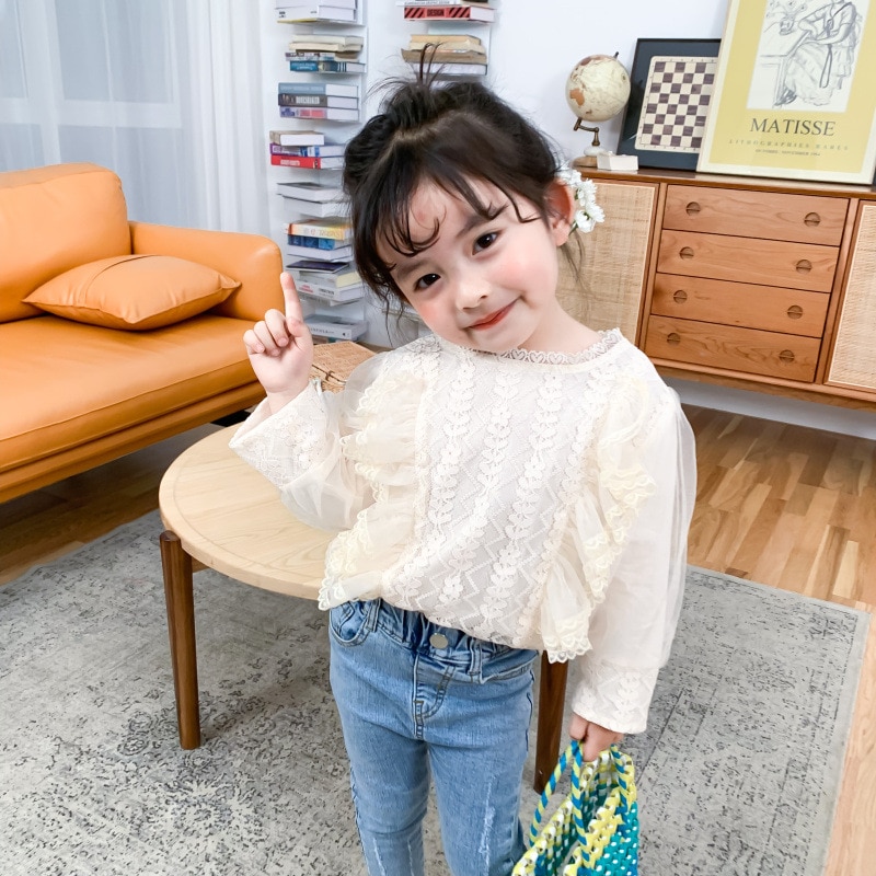 Koreansk stil blonder mesh patchwork langærmede dukkebluser til piger ryg snørestoppe