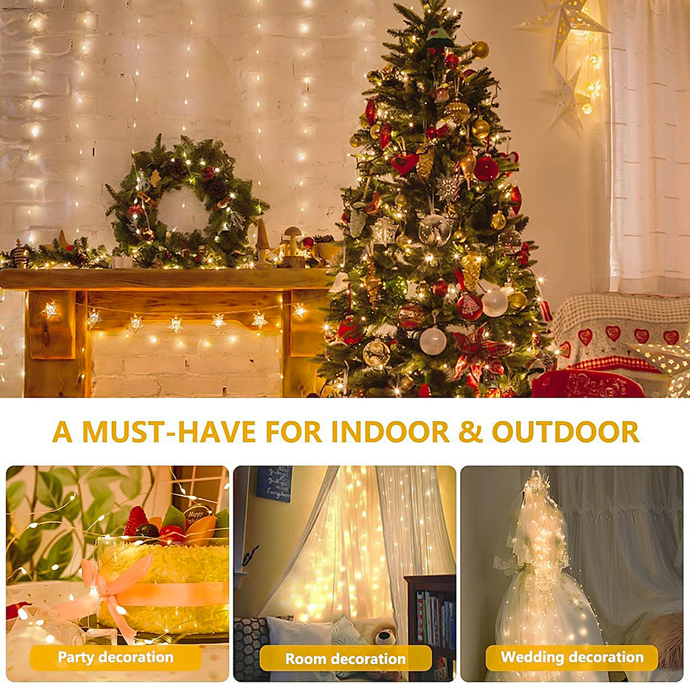 Cortina de luces alimentada por energía Solar para exteriores, guirnalda de luces impermeables de 300LED para jardín, patio, pabellón, guirnalda de luces, decoración navideña