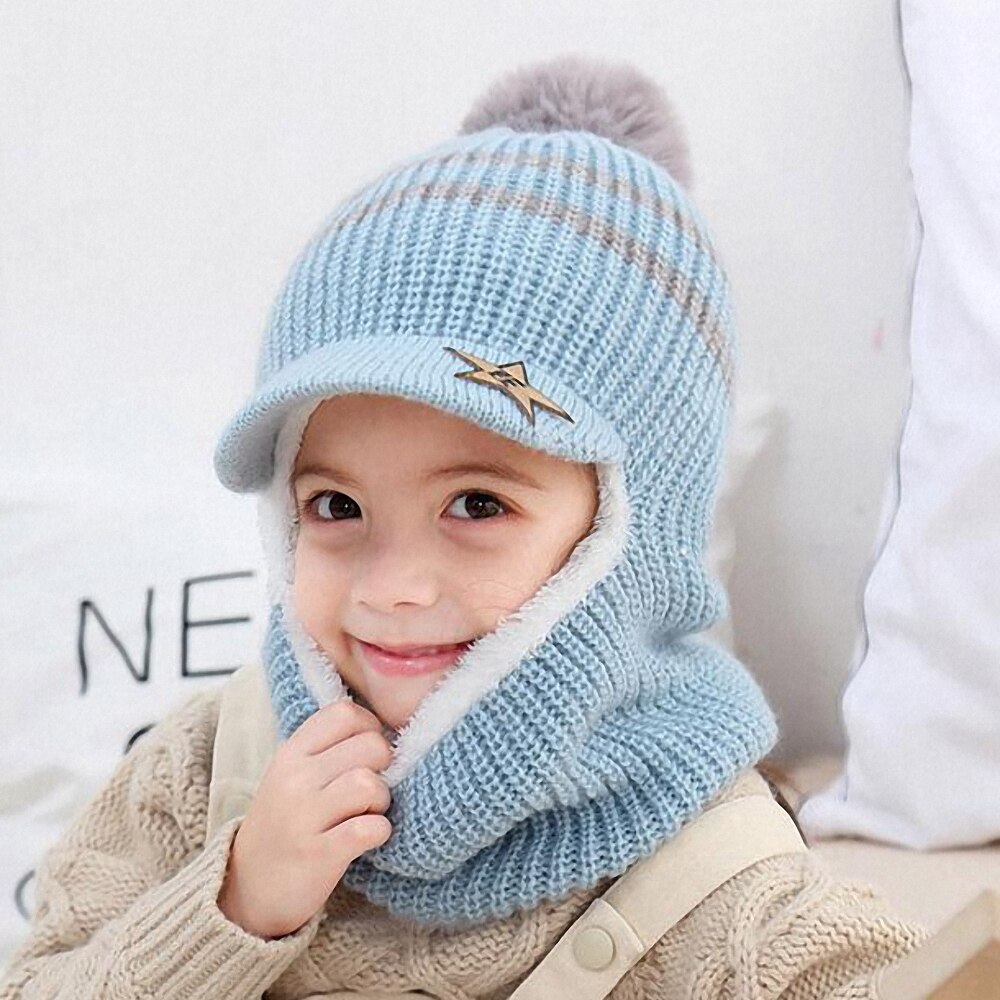Gorros de invierno para niños, bola, niñas, niños, tapas para accesorios cálidos, conjunto de bufanda, gorro de bebé, gorro de punto para niña, niño: Azul