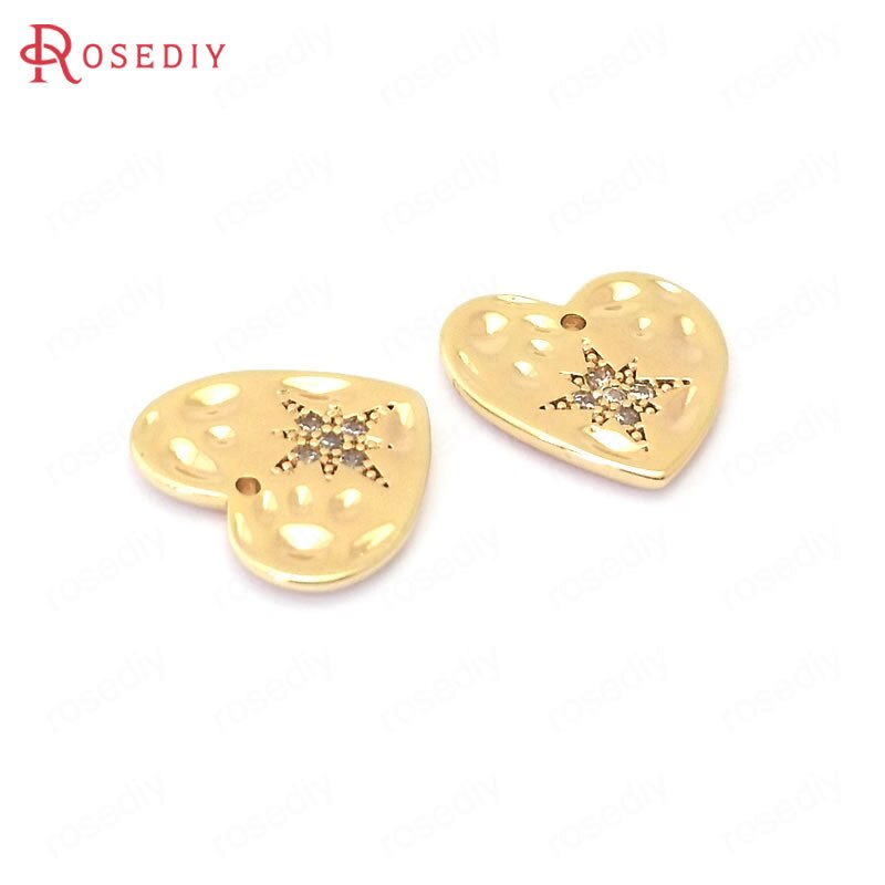(38817)4 pçs 12x12mm 24 k ouro cor bronze e zircão com estrela coração encantos pingentes jóias que fazem suprimentos diy acessórios