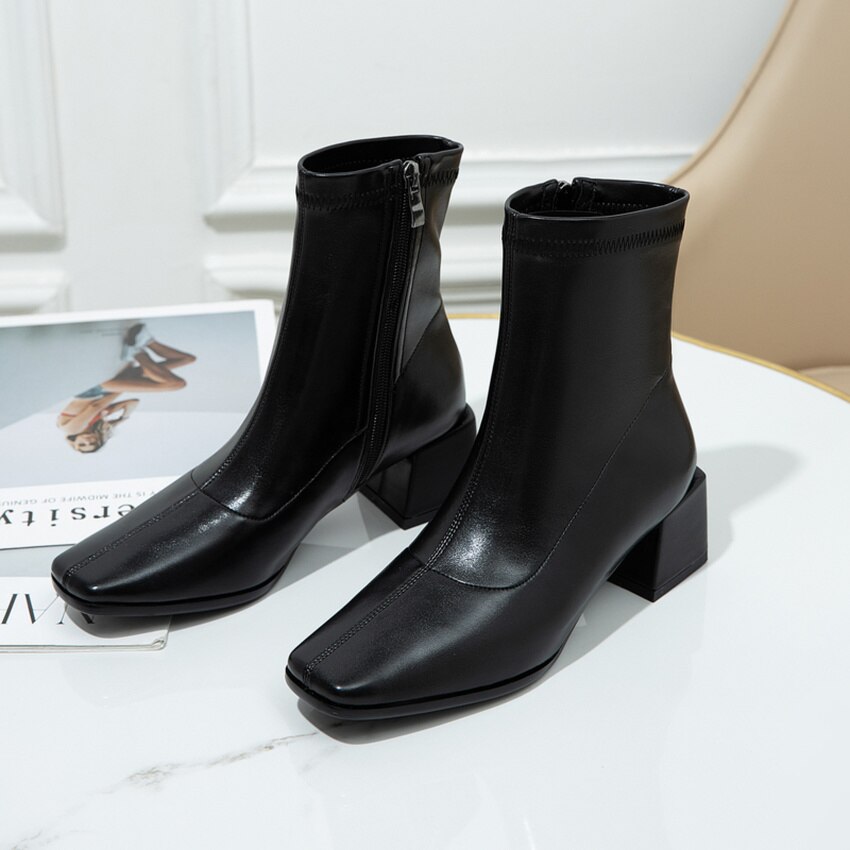 QUTAA Herbst Winter Stiefeletten Karree PU Leder Frauen Schuhe Square Ferse Zipper Kurze Stiefel Große Größe 34-43