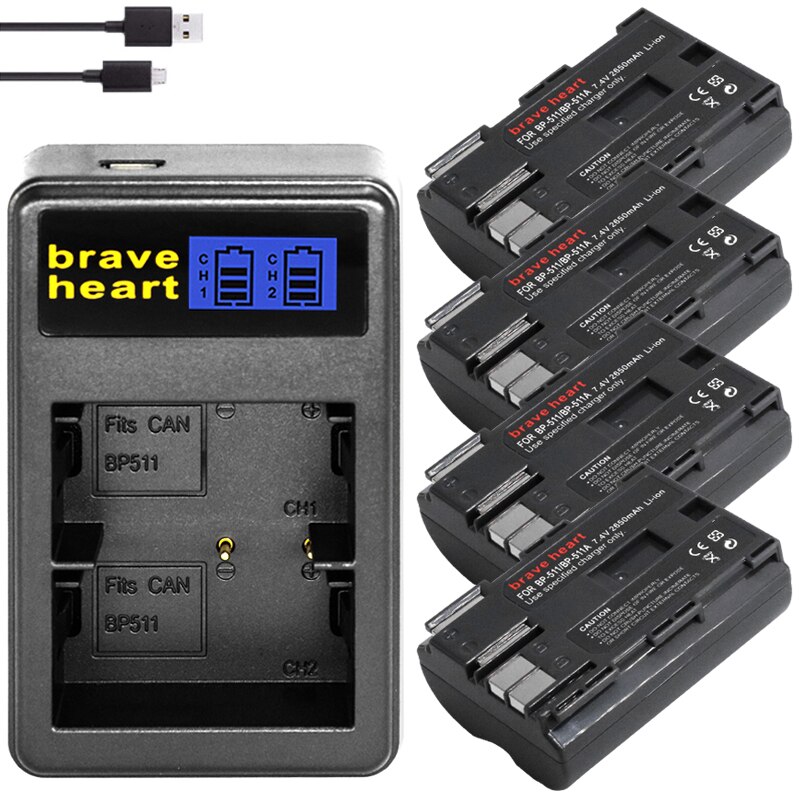 BP-511 BP-511A 2650mAh Camera Battery BP511 BP 511 For Canon EOS 40D 300D 5D 20D 30D 50D 10D D60 G6 BP 511A: charger and 4battery