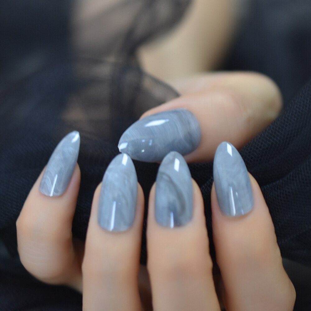 Marbling False Nails Grey Stiletto Shiny Marble Nail Art Tips Medium Size Pointed Sharp Nails 24 Count