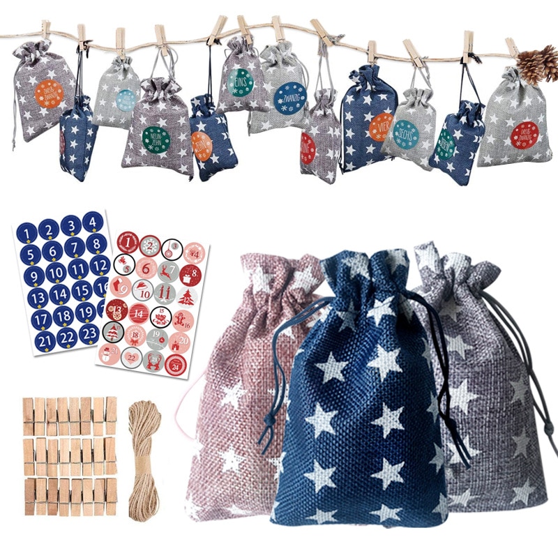 Festival Decoration Storage Bags With Wood Clips Sticker+10m Rope Christmas Pouch Ornaments For Home Office Deco