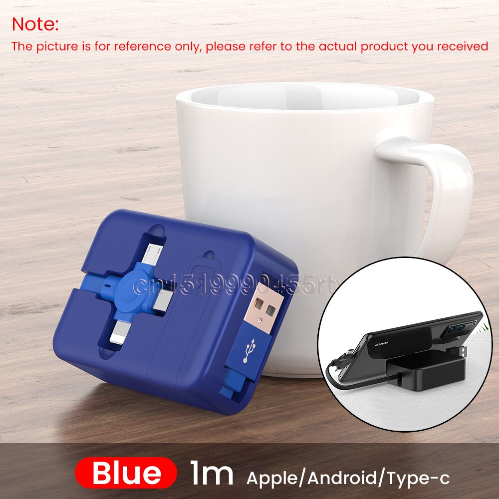4 in 1 udtrækkelig 8 ben/usb type c/micro usb kabel til iphone 13 12 pro 1m mobiltelefon oplader datakabel ledning med telefonstativ: Blå