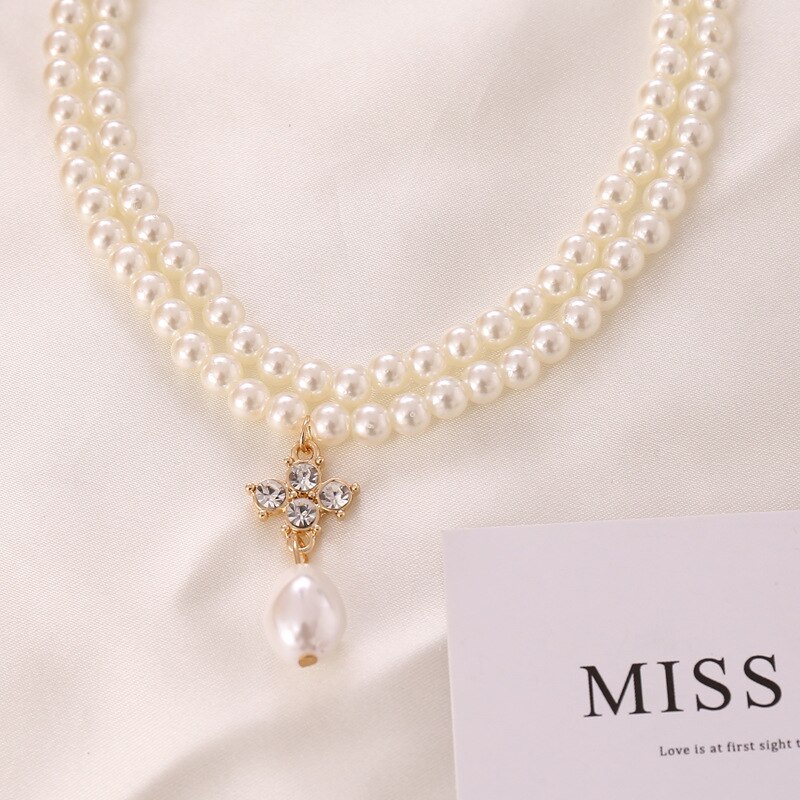 Dubbele Gelaagde Parel Ketting Voor Vrouwen Wit Imitatie Parel Choker Ketting Sleutelbeen Ketting Bruids Bruiloft Sieraden