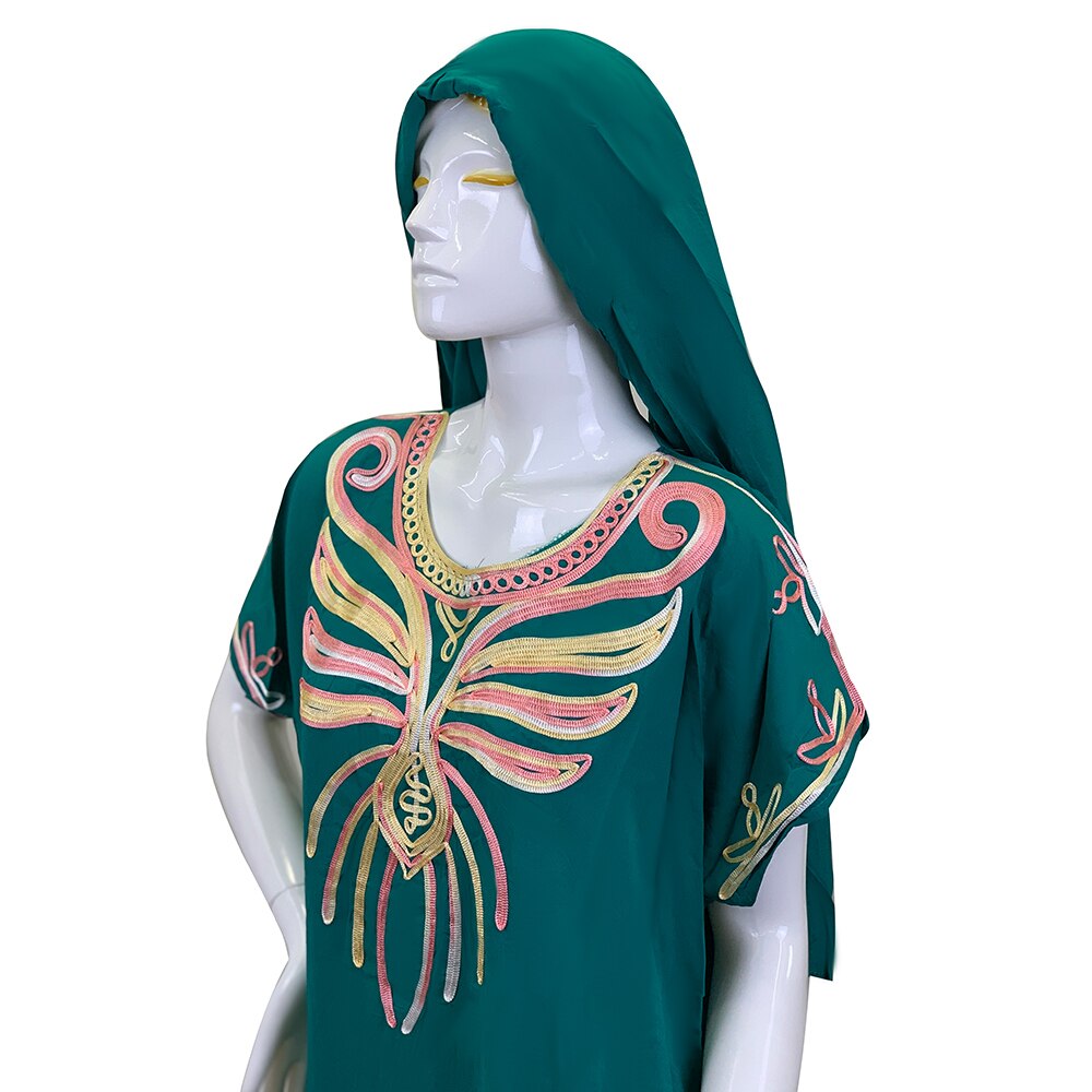 Abaya musulmana de algodón para mujer, caftán Dashik de Oriente Medio, ropa de África, India, Arabia Saudita, Pakistán, turbante bordado Djellaba R08: Verde