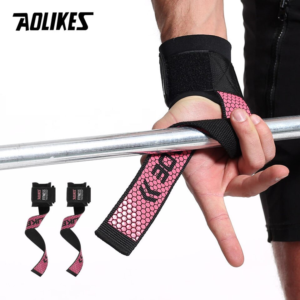 Aolikes 2 stk vægtløftning håndpude håndled wraps stropper handsker mænd gym støtte løftegreb bælte træning fitness vægt bodybuil: Rosenrød