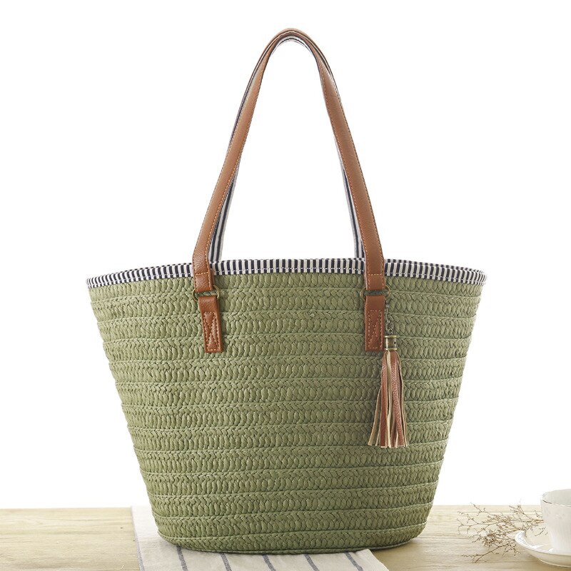Moda feminina verão palha grande sacola praia borla casual bolsa de ombro bolsa artesanal cesta de armazenamento sacola de compras: Army green