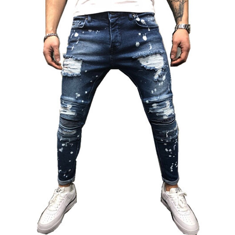 Stretch Slim Fit Pleated Spray Paint Pants Men's Jeans European and American Ripped Men's Jeans