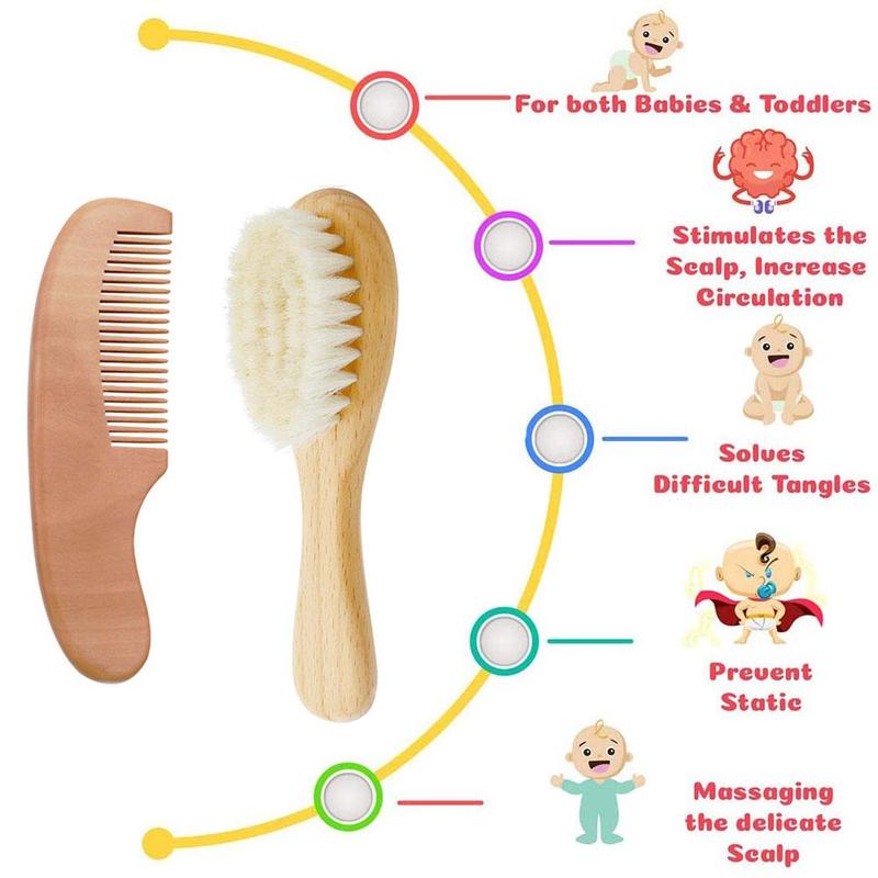 Brosse en bois laine naturelle pour bébé | 2 pièces 100% peigne Saft brosse à cheveux -né masseur de tête pour enfants, produits de soins pour enfants