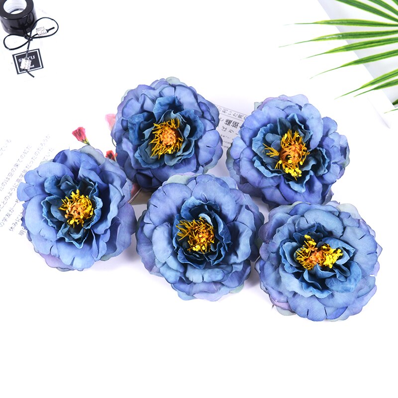 2 stk 9cm butikk kunstige pioner blomst silke rose til bryllupsfest hjemmedekorasjon diy krans utklipp blomst: Blå / 2 stk