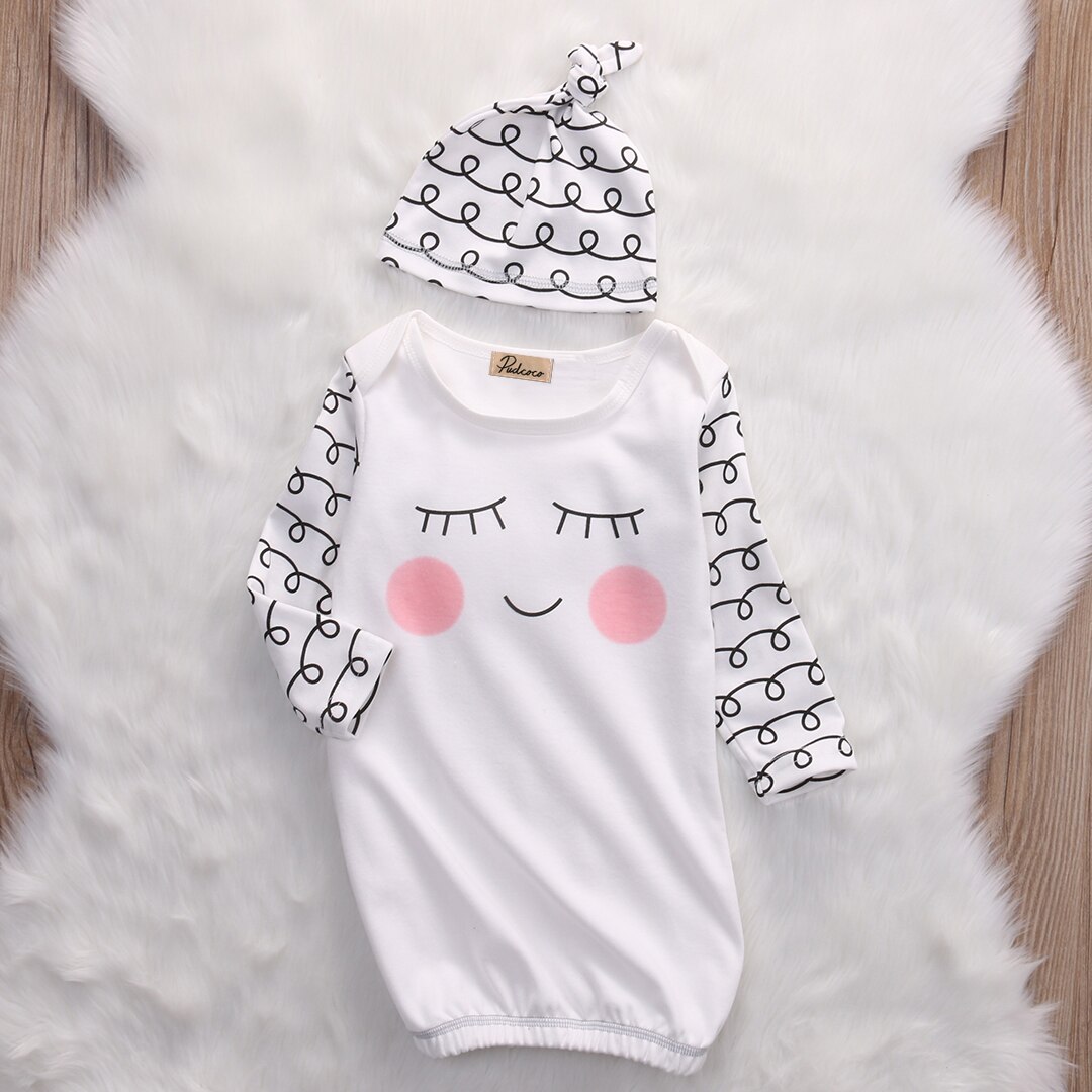 2pcs Baby Cotton Sleepy Eyes+Rosy Cheeks Outfit Baby Gown Hat Infant Newborn Rompers Set