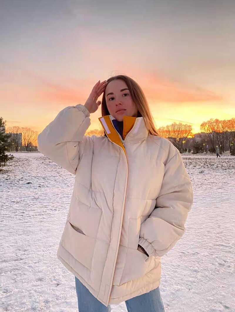 Vinter  -20 ℃ oversize jakke kvinde frakke patchwork vindjakke kvinder polstret lynlås outwear parka tyk streetwear overfrakke varm